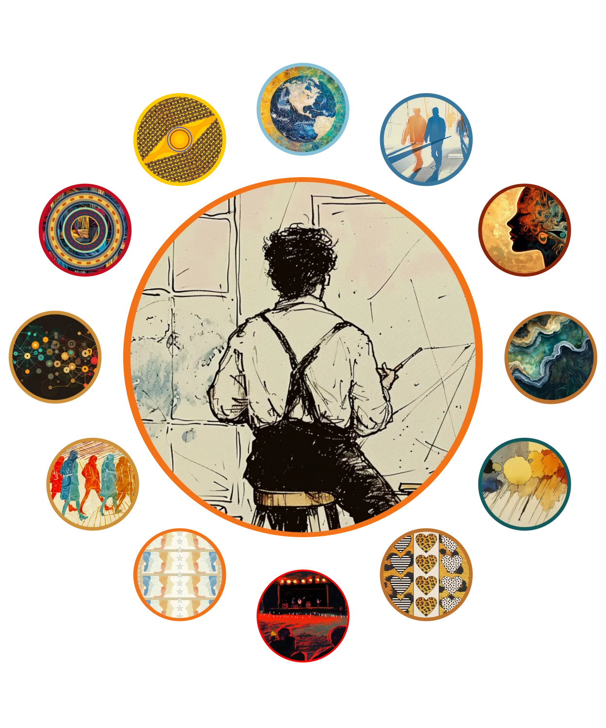 Illustration of a person observing interconnected ideas and system nodes